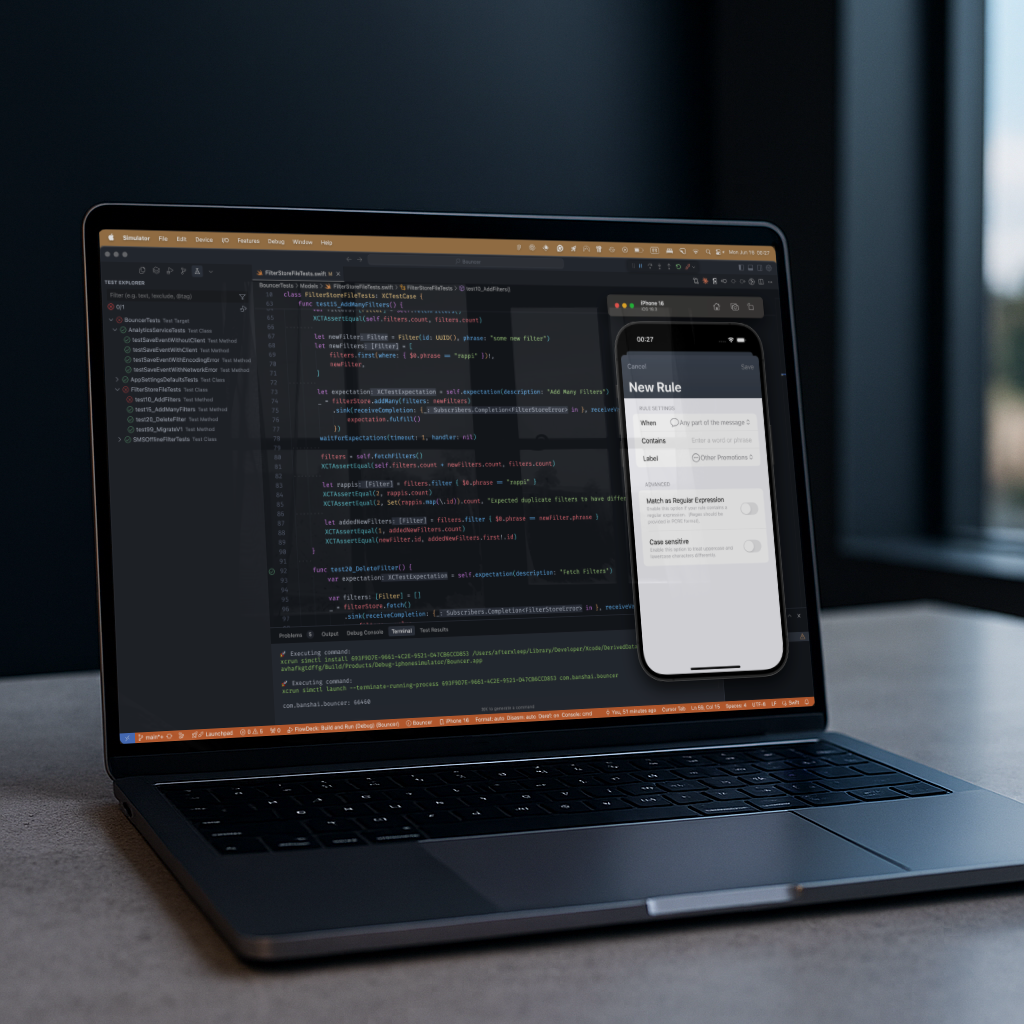 MacBook Pro showing FlowDeck VS Code extension with iOS simulator in peaceful workspace